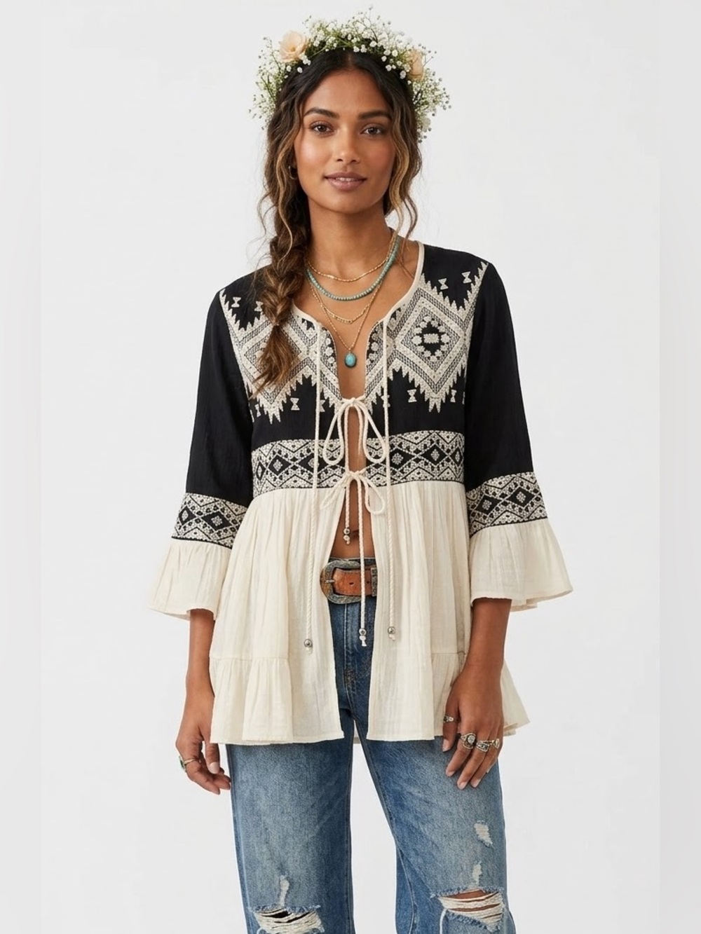 Boho Cottagecore Cardigan Tribal Babydoll Ruffle Prairiecore Earthy Goblincore
